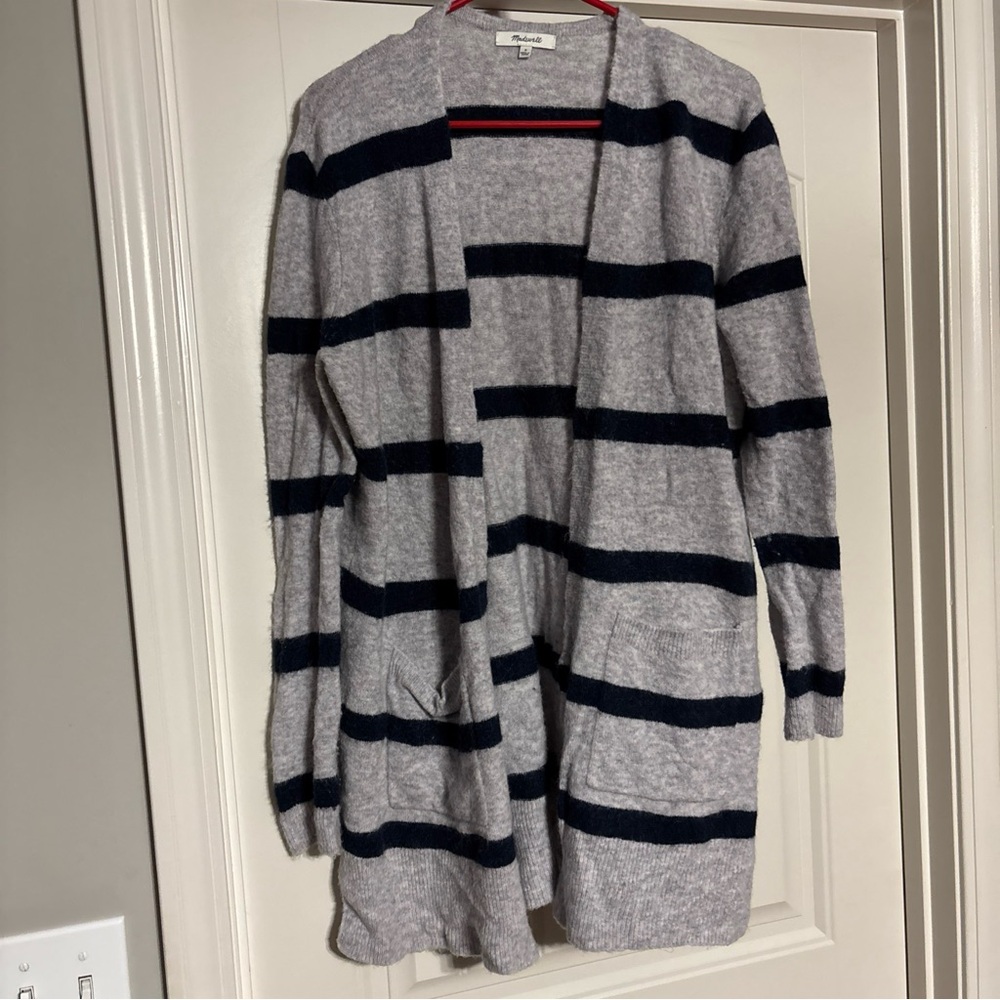 Madewell Striped Kent Small Cardigan Soft Merino/alpaca Wool Gray Blue EUC